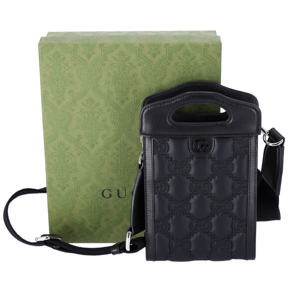 GUCCI GG Matelasse Mini Tote Bag 723776 Black on Black Nylon Leather - Picture 1 of 6